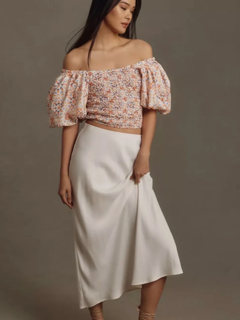 Anthropologie Dolan On or Off The Shoulder Textured Top M Orange Motif smocked